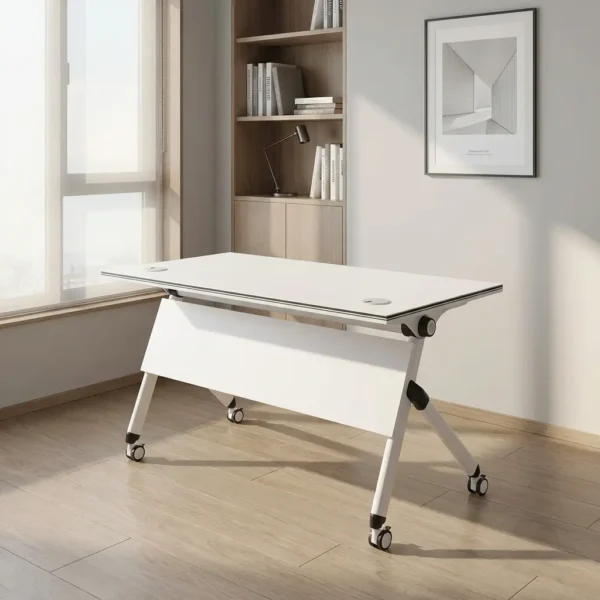Modern Folding Office Desk in crisp white with lockable casters, modesty panel, and flip-top mechanism.