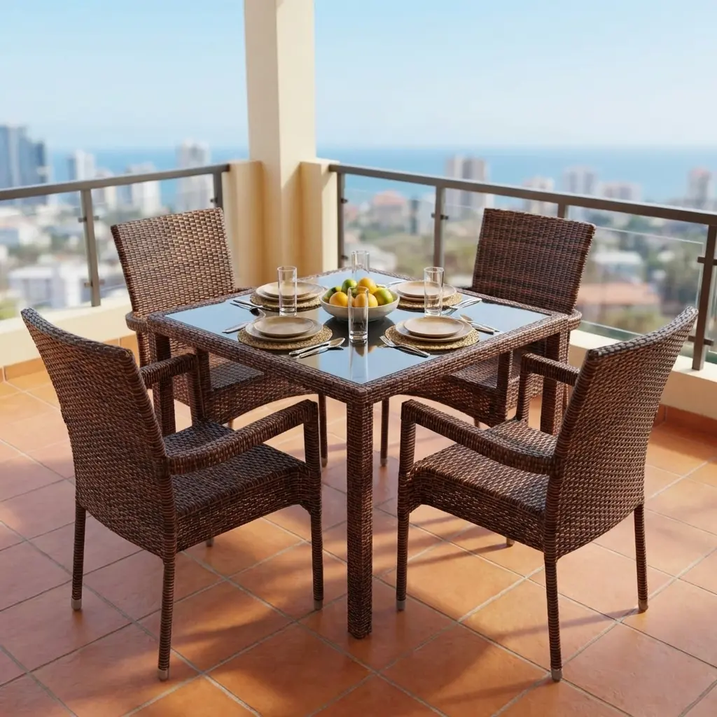 Modern Patio Dining Table in dark brown woven wicker with a clear tempered glass top surrounded by four matching armchairs.