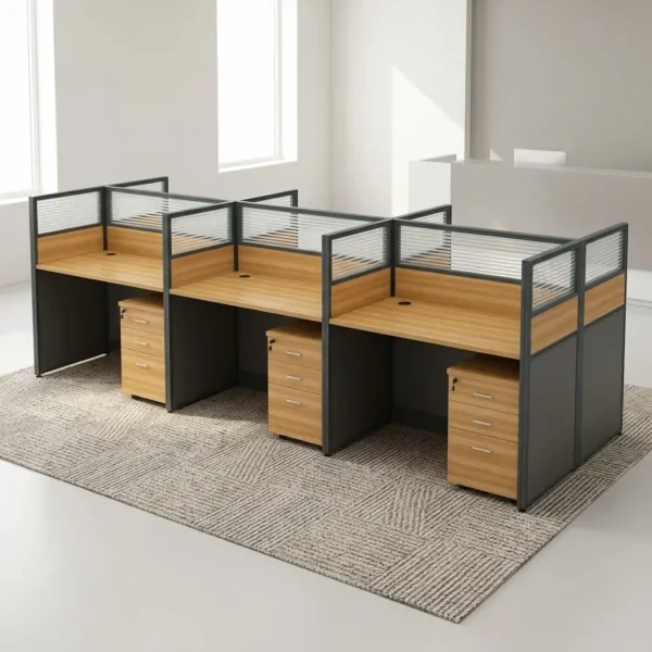 6-Way Office Workstation featuring a 6-person oak desk cluster with dark grey privacy screens and lockable drawer pedestals.