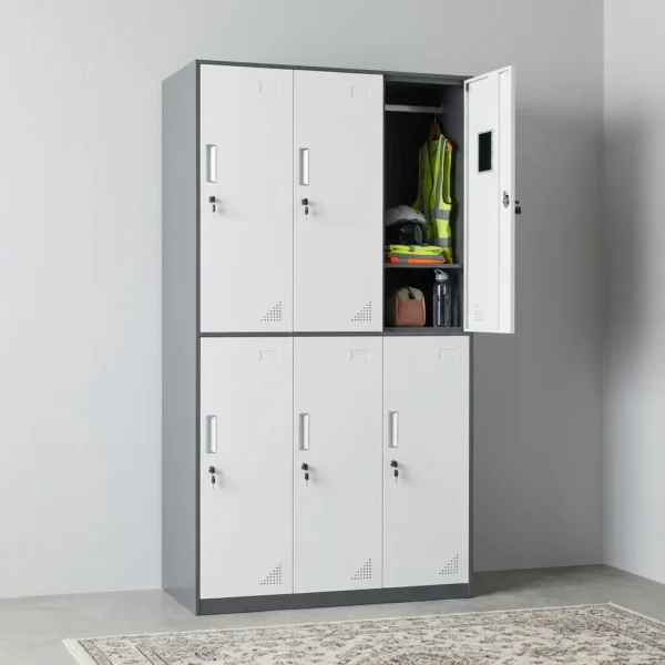 Office Steel Storage Cabinet in two-tone grey with six key-lockable locker doors and open compartment showing work gear.