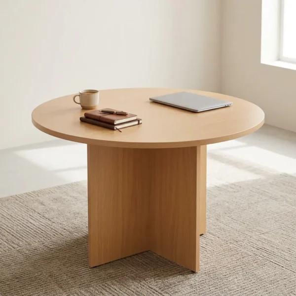 Modern Wooden Round Table in light natural oak featuring an intersecting pedestal base set on a carpet.