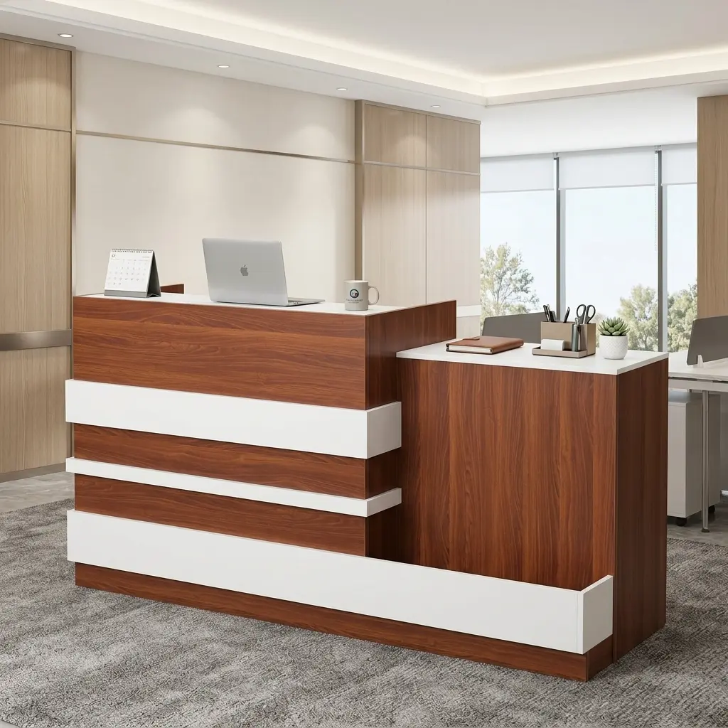 2M Office Reception Desk in warm teak wood grain and white horizontal accent panels set in a modern office lobby.
