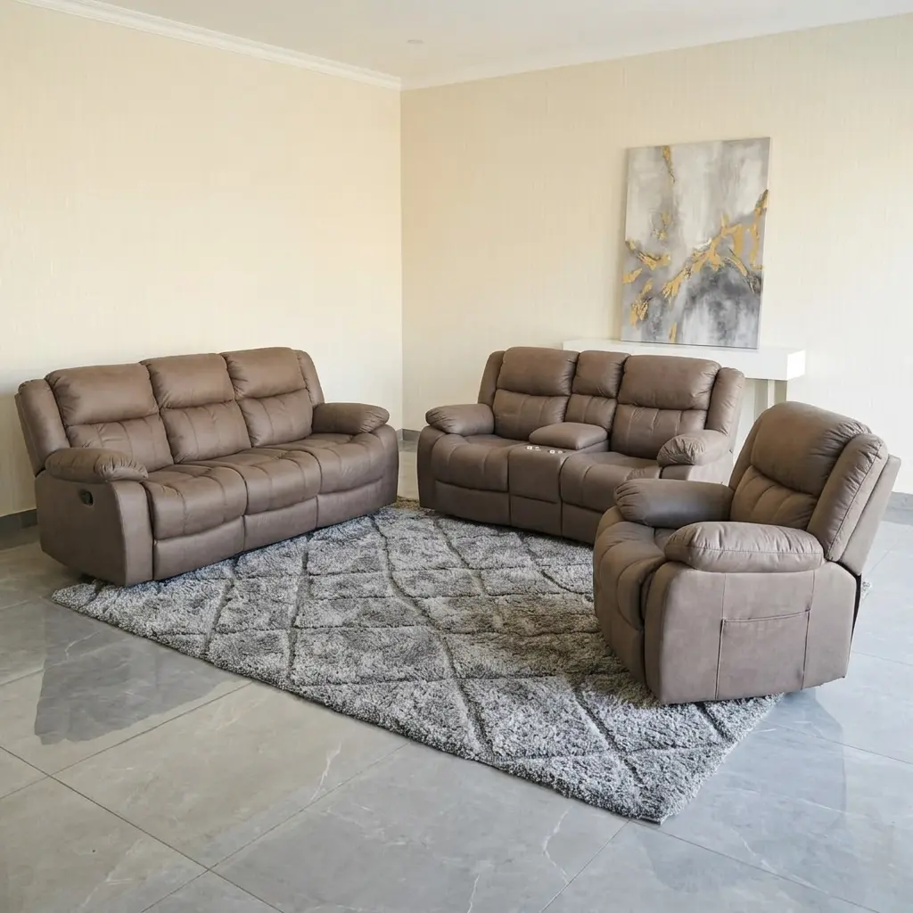 Modern Reclining Sofa Set in taupe grey leatherette featuring a 3-seater sofa, 2-seater loveseat with cup holders, and a matching armchair.